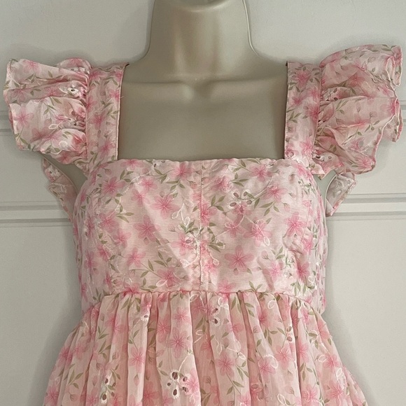 NEW MABLE Pink Floral Ruffle Tiered Criss Cross Back Mini Dress L Girly Flirty - Picture 2 of 14